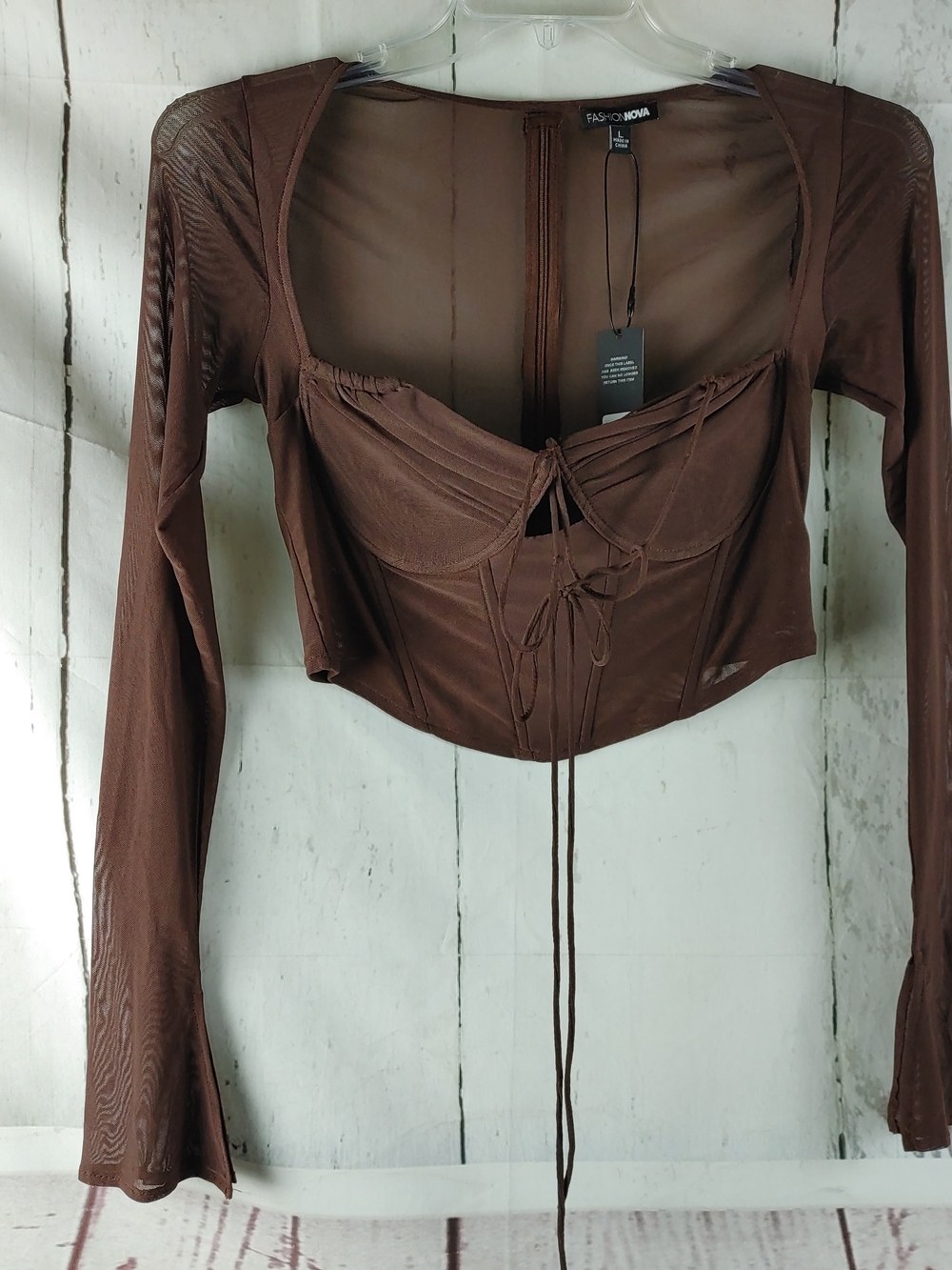 Fashion Nova Melanie Mesh Corset Top Womens L Brown Long Sleeve Bustier NWT - Picture 3 of 10